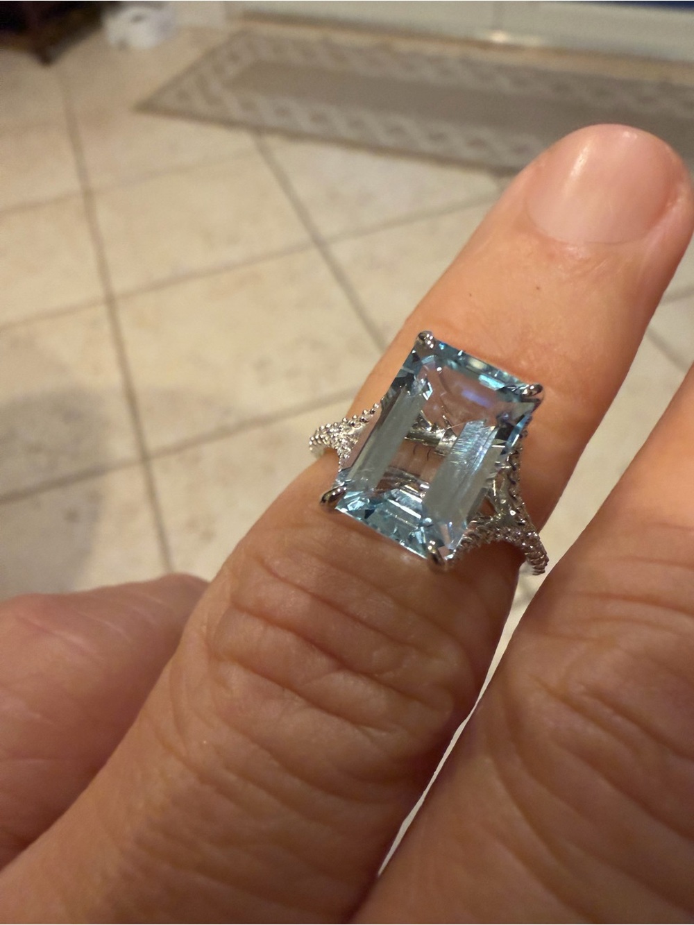 Sterling Silver Aquamarine Diamond Ring - Elegant Aquamarine Size 7